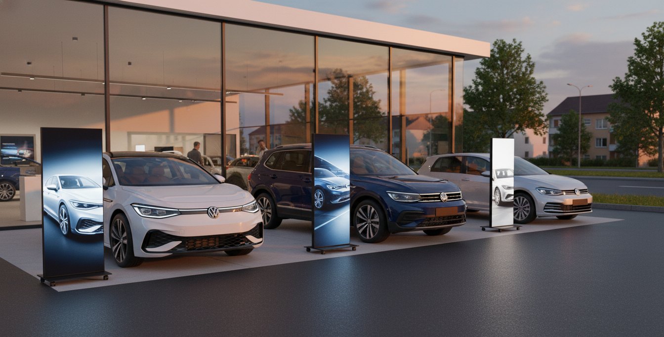 Digitální LED totemy v autosalonu – ilustrační vizualizace