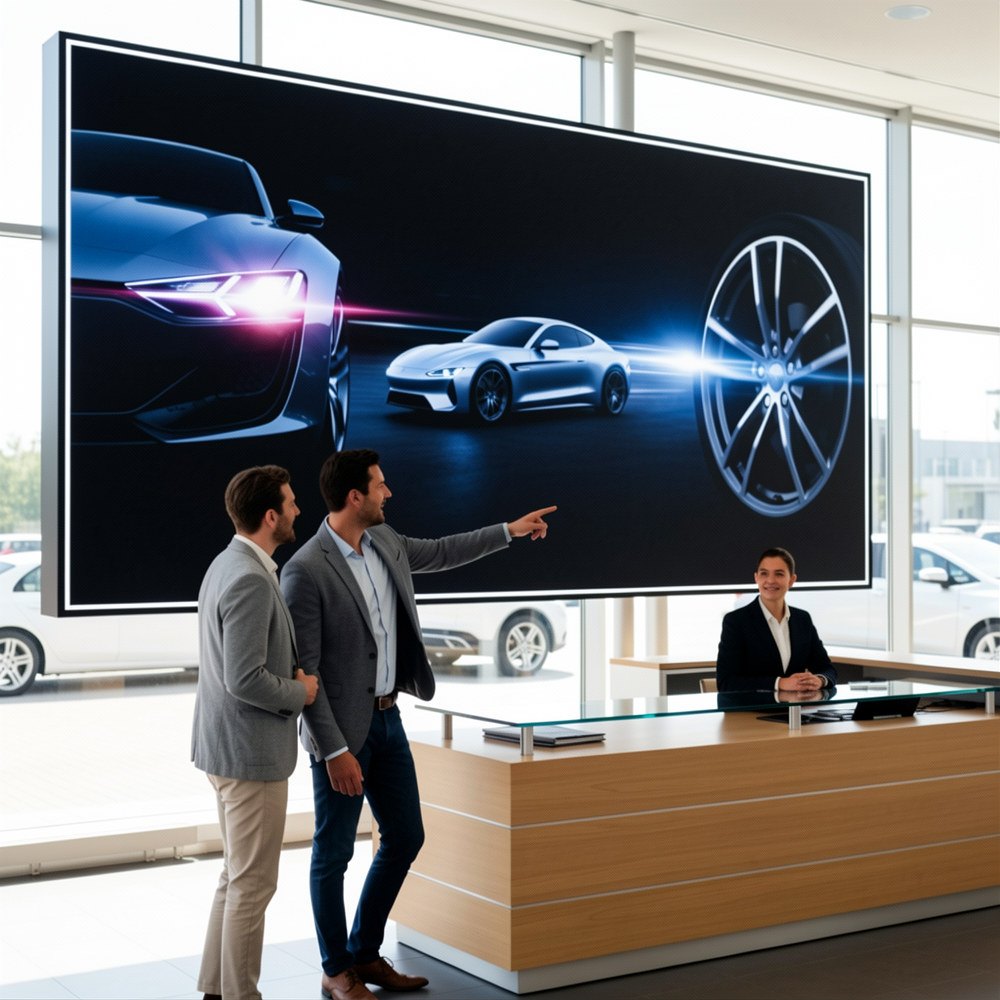 LED videostěna v showroomu autosalonu – ilustrační vizualizace