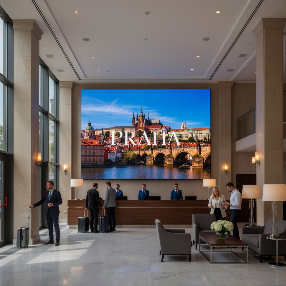 LED videostěna na recepci hotelu – ilustrační vizualizace