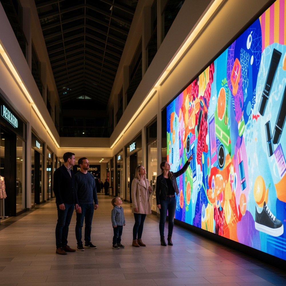 LED videostěna v pasáži obchodního centra – ilustrační vizualizace